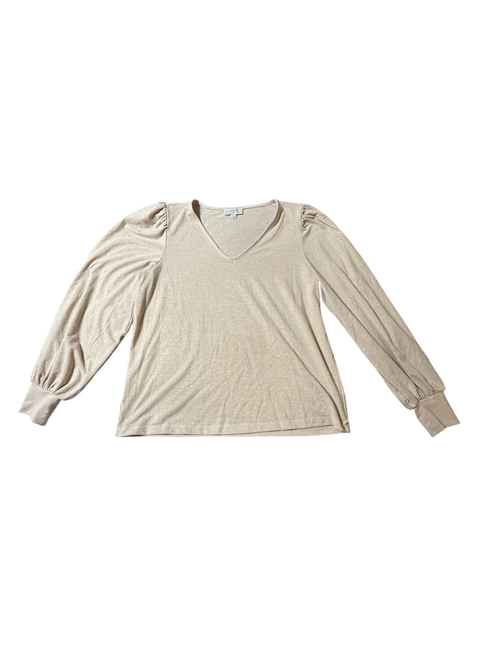 LOFT Beige Puff Sleeve V-Neck Top Medium Knit Long Balloon Sleeve Blouse Shirt M